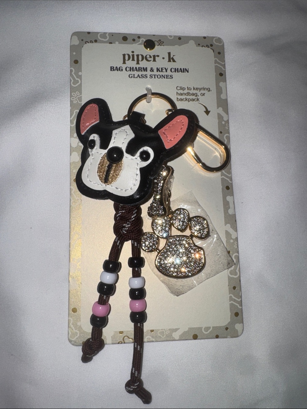 piper·k Black & White Dog Face Bag Charm with Sparkling Paw Keychain